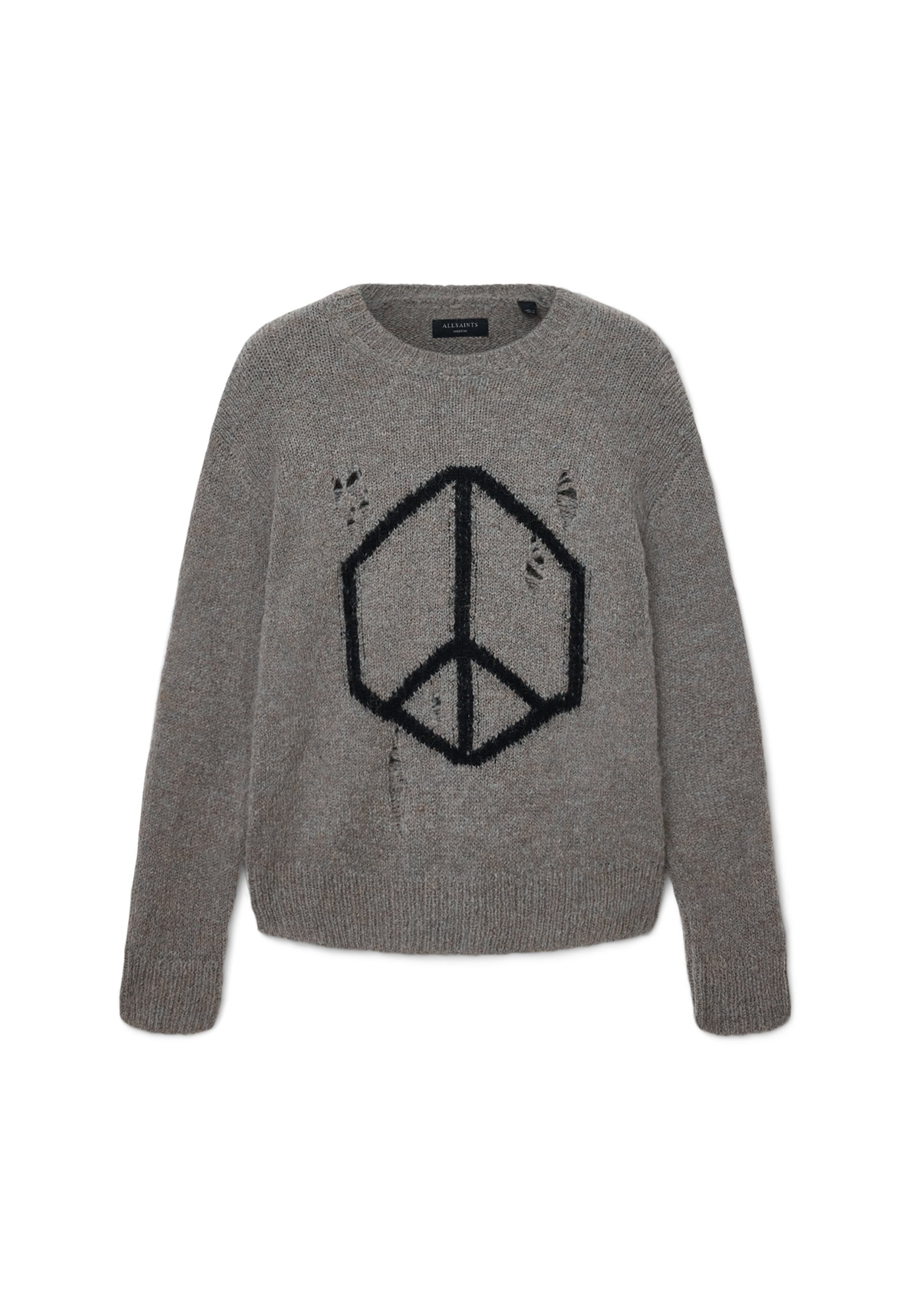Grauer Strickpullover mit einem schwarzen geometrischen Friedenssymbol auf der Vorderseite und absichtlich eingearbeiteten Löchern im Stoff.