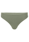 Olivenfarbene Bikini-Hose mit glatter Textur, minimalistischem Design und moderater Bedeckung. Keine sichtbaren Muster oder Verzierungen.