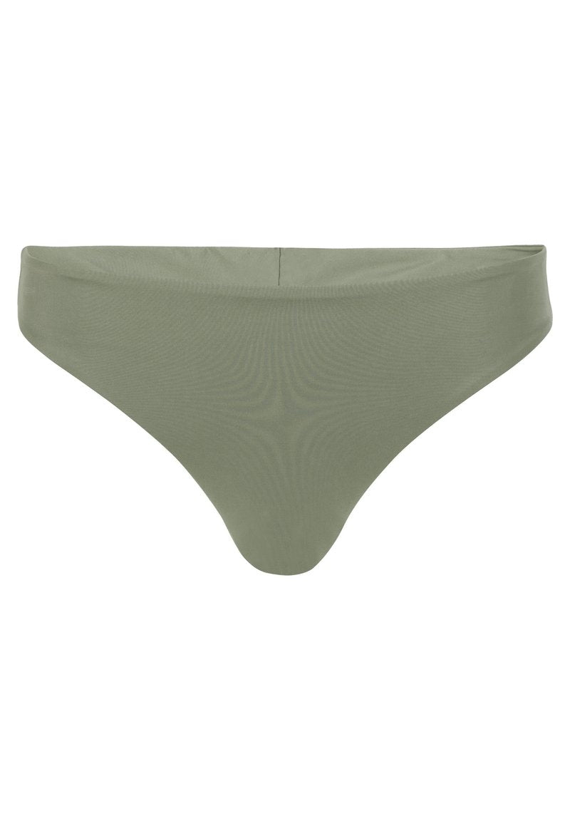 Olivenfarbene Bikini-Hose mit glatter Textur, minimalistischem Design und moderater Bedeckung. Keine sichtbaren Muster oder Verzierungen.