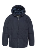 Marineblauer Pufferjacke mit Kapuze, gestepptem Design, Frontreißverschluss und elastischen Bündchen. Mit zwei Seitentaschen und einem weichen Innenfutter.