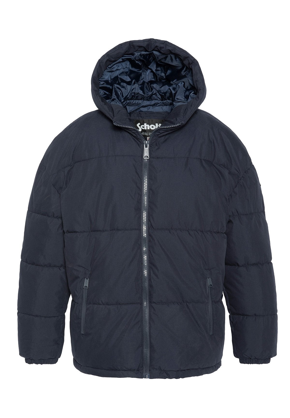 Marineblauer Pufferjacke mit Kapuze, gestepptem Design, Frontreißverschluss und elastischen Bündchen. Mit zwei Seitentaschen und einem weichen Innenfutter.