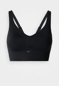 Schwarzer Sport-BH mit V-Ausschnitt-Design, verstellbaren Trägern und dezenter Nike-Logo in Grau. Hergestellt aus glattem, dehnbarem Material.
