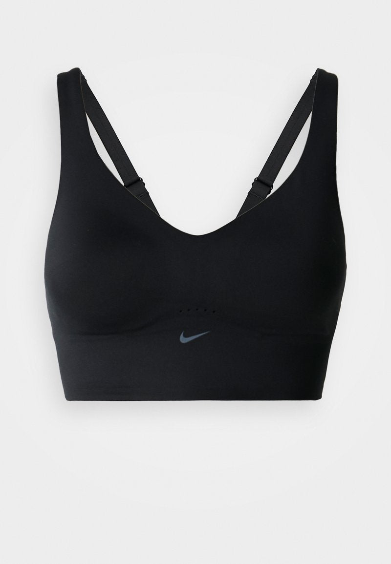 Schwarzer Sport-BH mit V-Ausschnitt-Design, verstellbaren Trägern und dezenter Nike-Logo in Grau. Hergestellt aus glattem, dehnbarem Material.