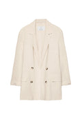 Beige Leinenblazer mit doppelter Knopfleiste, Reverskragen, langen Ärmeln, zwei Vorderaschen und metallischen Knöpfen. Minimalistisches Design.