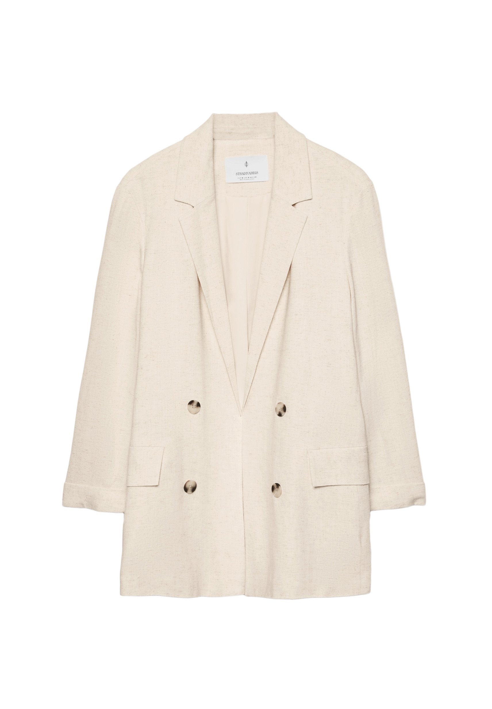 Beige Leinenblazer mit doppelter Knopfleiste, Reverskragen, langen Ärmeln, zwei Vorderaschen und metallischen Knöpfen. Minimalistisches Design.