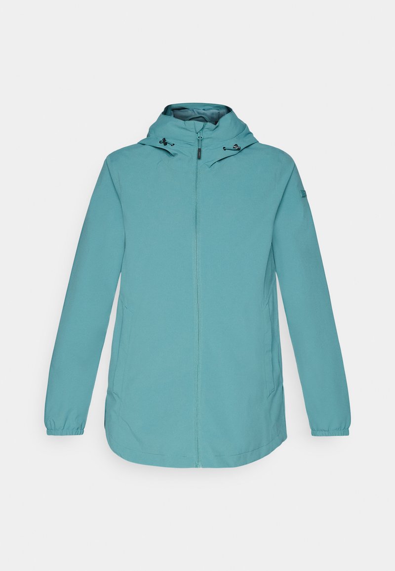 Wasserabweisende türkisfarbene Jacke mit Kapuze, vorderem Reißverschluss, seitlichen Taschen und elastischen Bündchen; glatte Textur und minimalistisches Design.