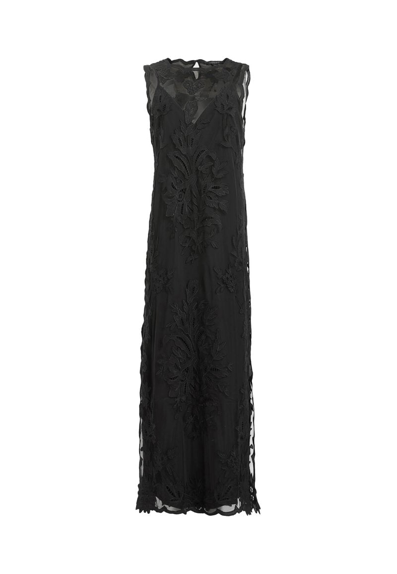 Schwarzes ärmelloses Maxikleid mit aufwendiger floralem Stickerei, transparenter Überlage und gewelltem Saum in fließender Silhouette.