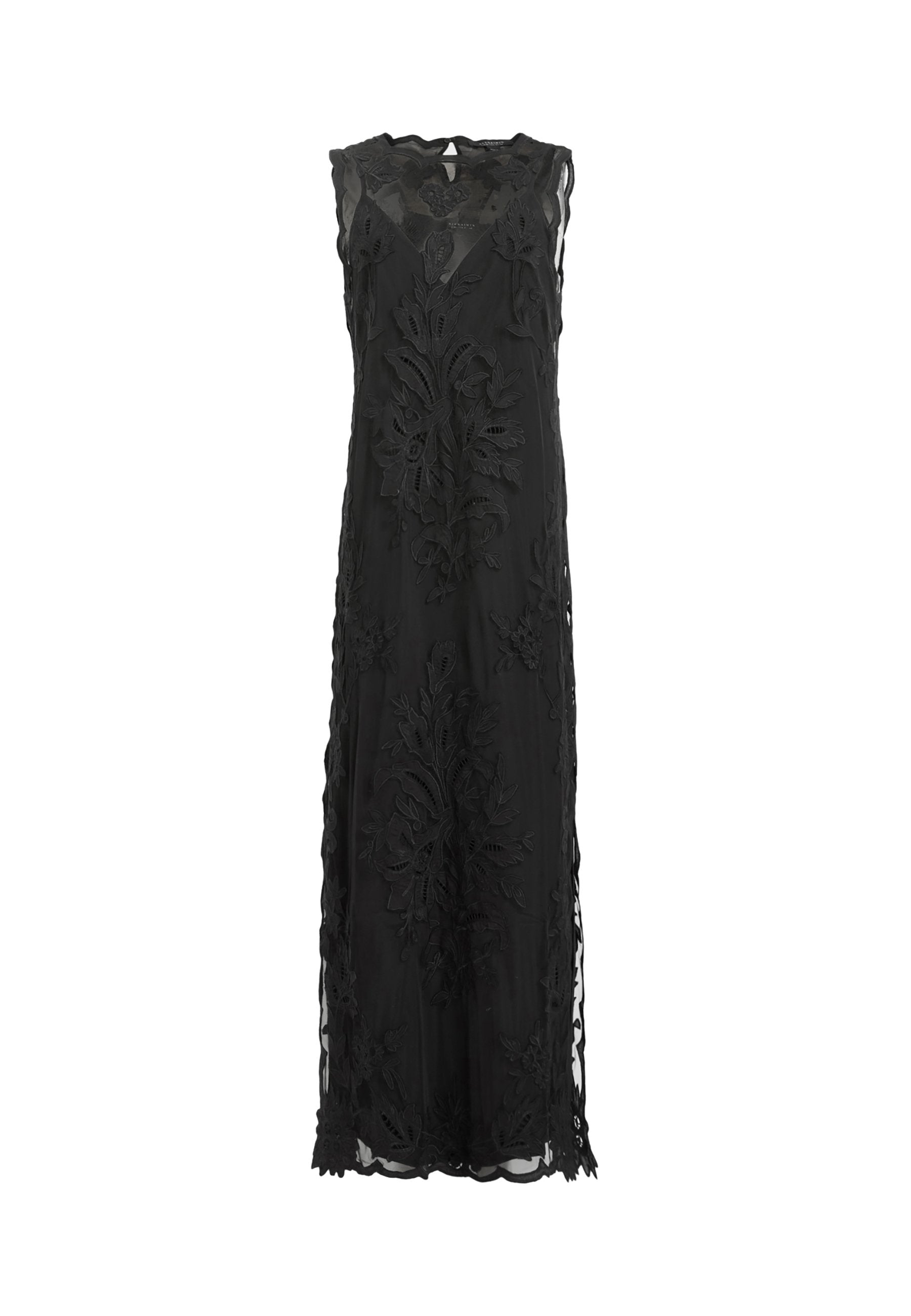 Schwarzes ärmelloses Maxikleid mit aufwendiger floralem Stickerei, transparenter Überlage und gewelltem Saum in fließender Silhouette.