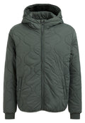 Steppjacke mit Kapuze in Dunkelgrün, mit einem Reißverschluss, elastischen Bündchen und seitlichen Taschen. Verfügt über gebogene Nähte für zusätzliche Textur.