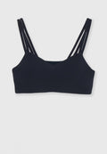 Schwarzer Bralette mit V-Ausschnitt-Design, ausgestattet mit dünnen, verstellbaren Mehrfachträgern und weichem, glattem Stoff für maximalen Komfort.