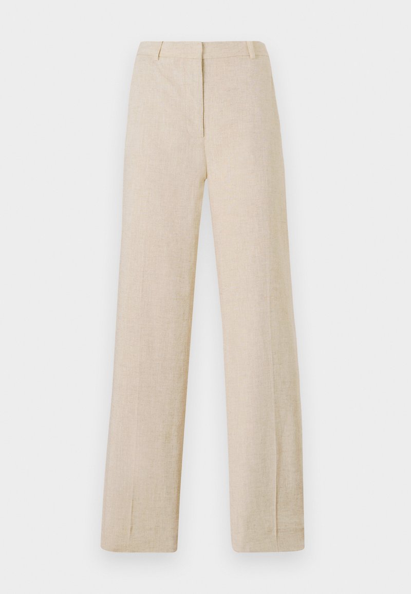 Beige Leinen-Hosen mit geradem Bein und glatter Textur, ausgestattet mit einem Frontreißverschluss, Gürtelschlaufen und gepressten Falten für einen maßgeschneiderten Look.