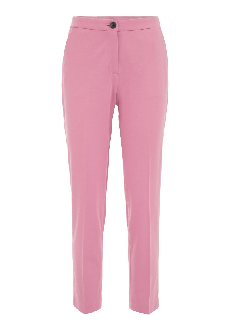 Rosa maßgeschneiderte Hose mit glatter Textur, schlanker Passform, flachem Vorderteil, einem Knopfverschluss und vorderen Taschen. Keine sichtbaren Muster oder Akzente.