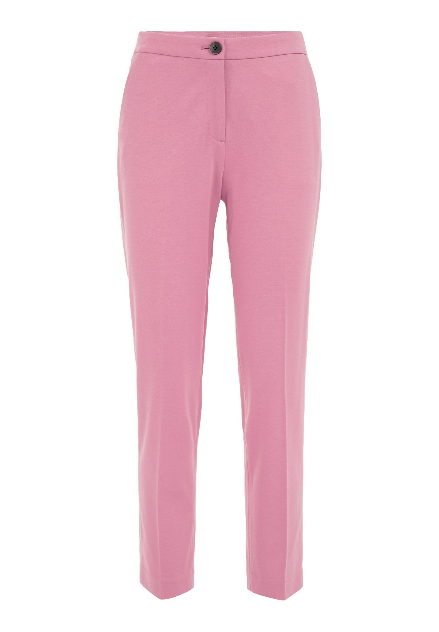 Rosa maßgeschneiderte Hose mit glatter Textur, schlanker Passform, flachem Vorderteil, einem Knopfverschluss und vorderen Taschen. Keine sichtbaren Muster oder Akzente.