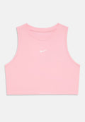 Rosa, taillierte Tanktop mit Rundhalsausschnitt, aus glattem Stoff, mit einem kleinen weißen Nike-Swoosh-Logo auf der Vorderseite.