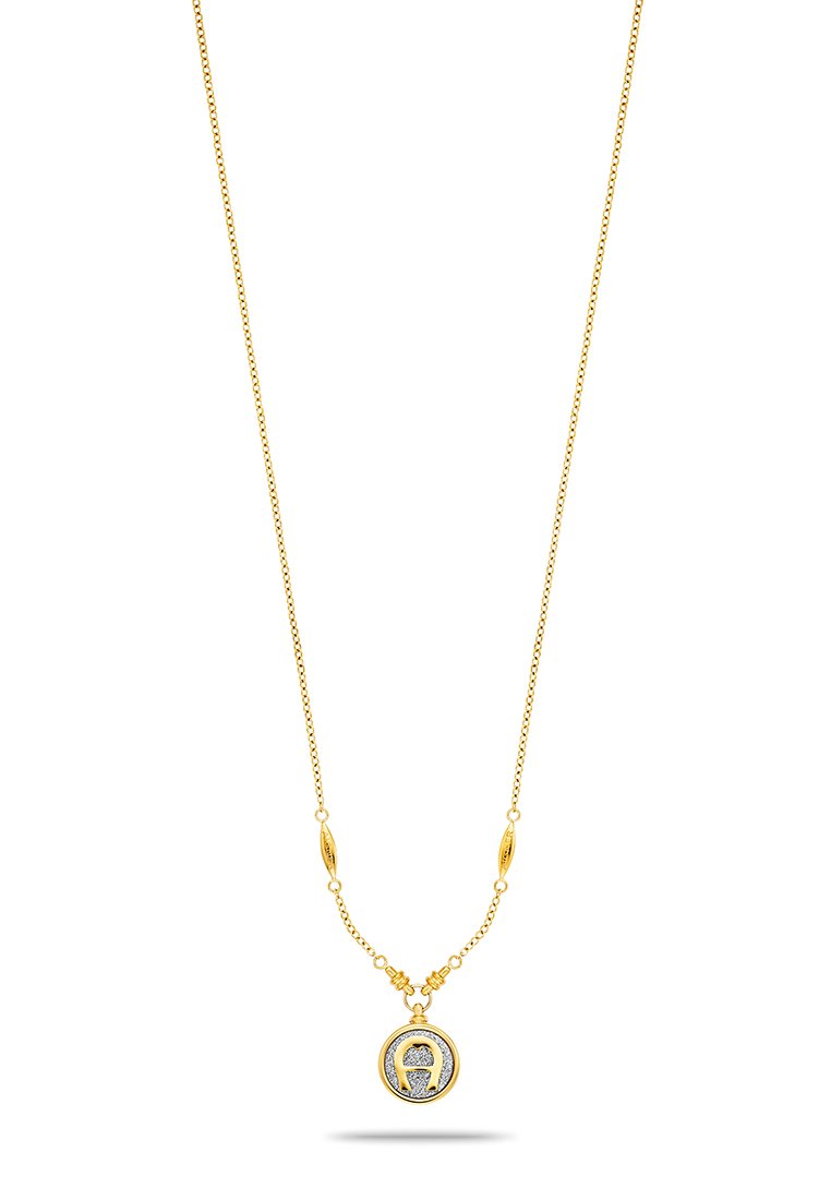 Goldkette mit feiner Kette, die einen runden Anhänger mit dekorativem Design und einem silbernen Akzent in der Mitte zeigt.