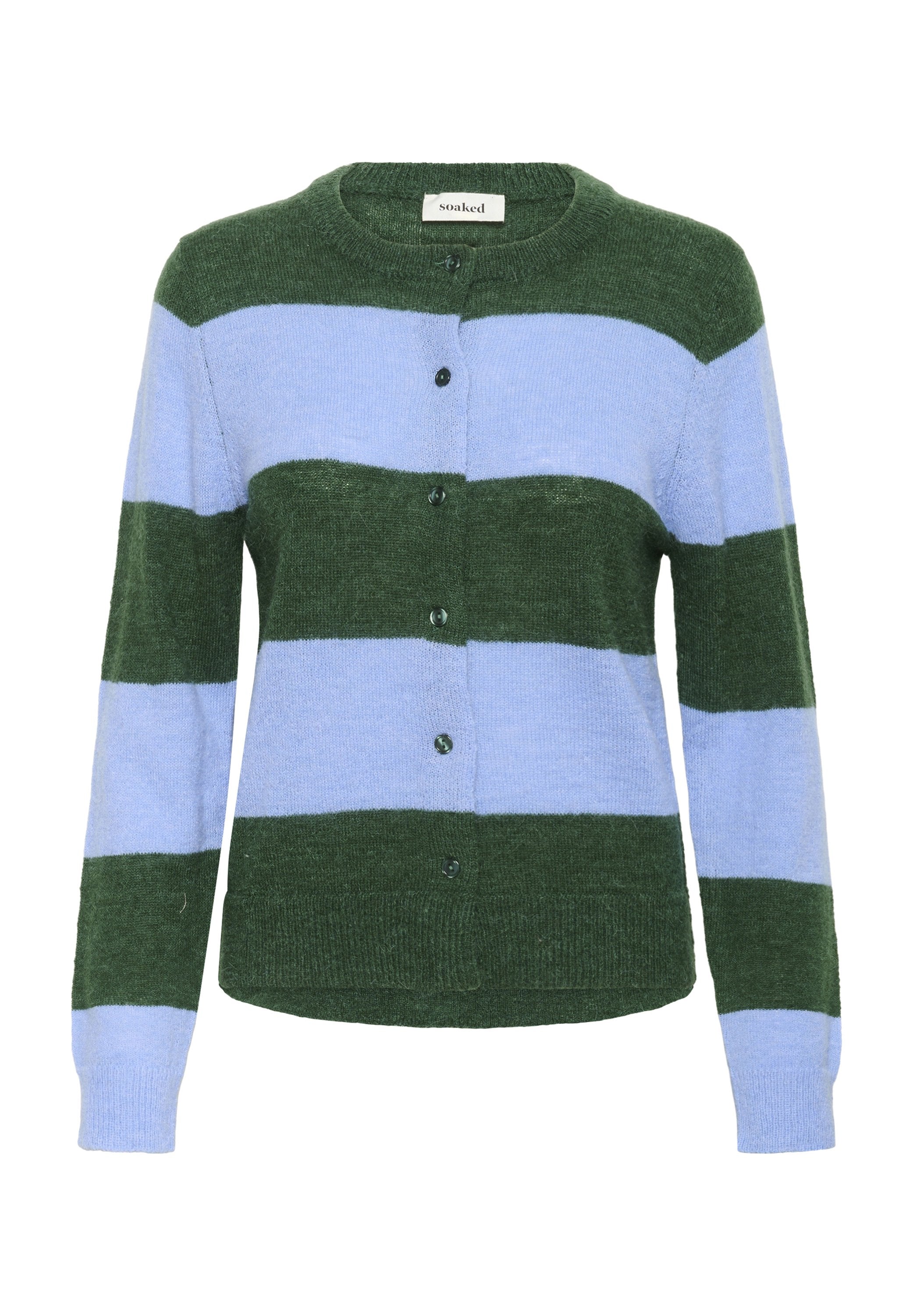 Grün- und hellblau gestreifte Strickjacke mit Rundhalsausschnitt und Knopfverschluss. Gestrickte Textur mit lockerem Sitz und langen Ärmeln.