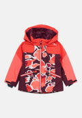Kinderjacke mit einem Blumenmuster in Rosa- und Burgundertönen, einem Reißverschluss und einer kuscheligen Kapuze, die mit Kunstfell gefüttert ist.