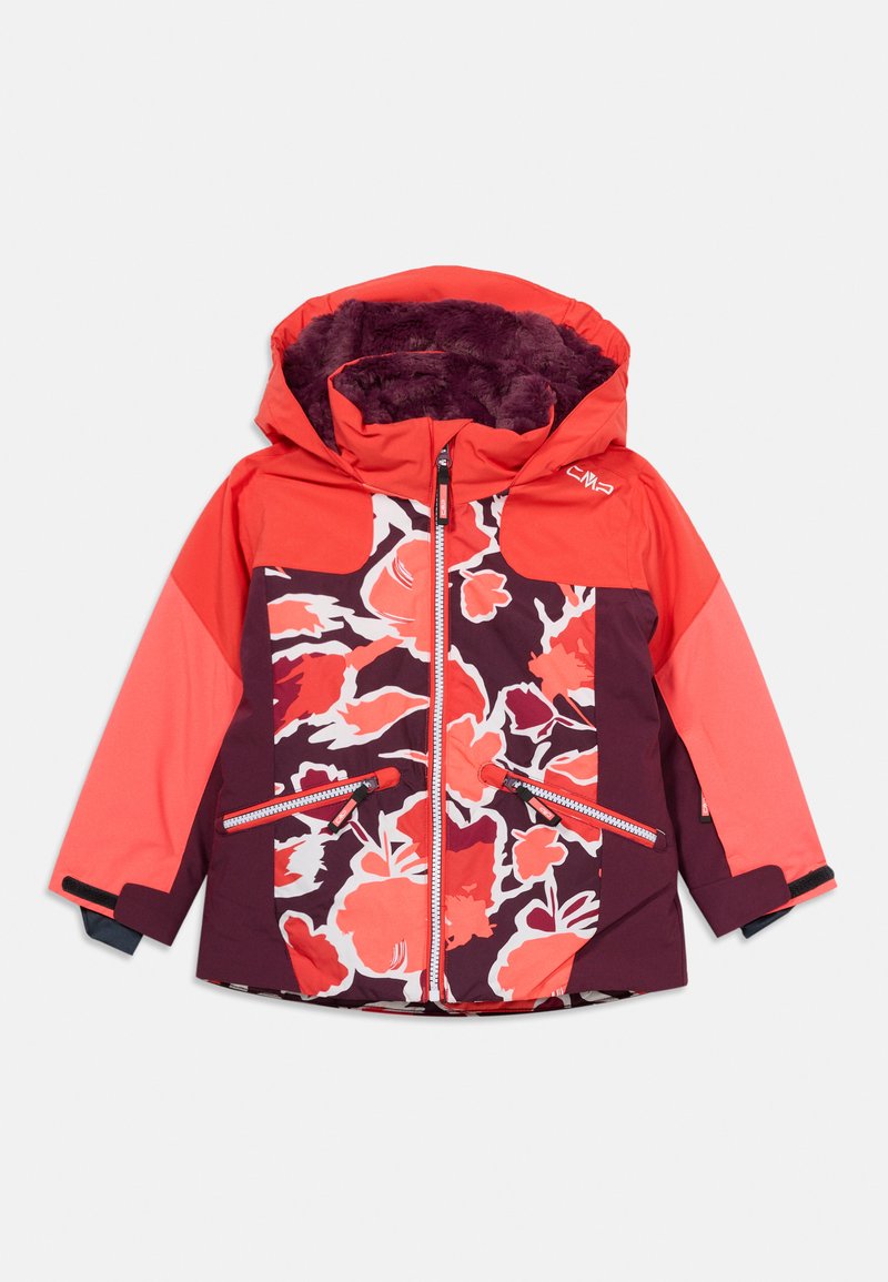 Kinderjacke mit einem Blumenmuster in Rosa- und Burgundertönen, einem Reißverschluss und einer kuscheligen Kapuze, die mit Kunstfell gefüttert ist.