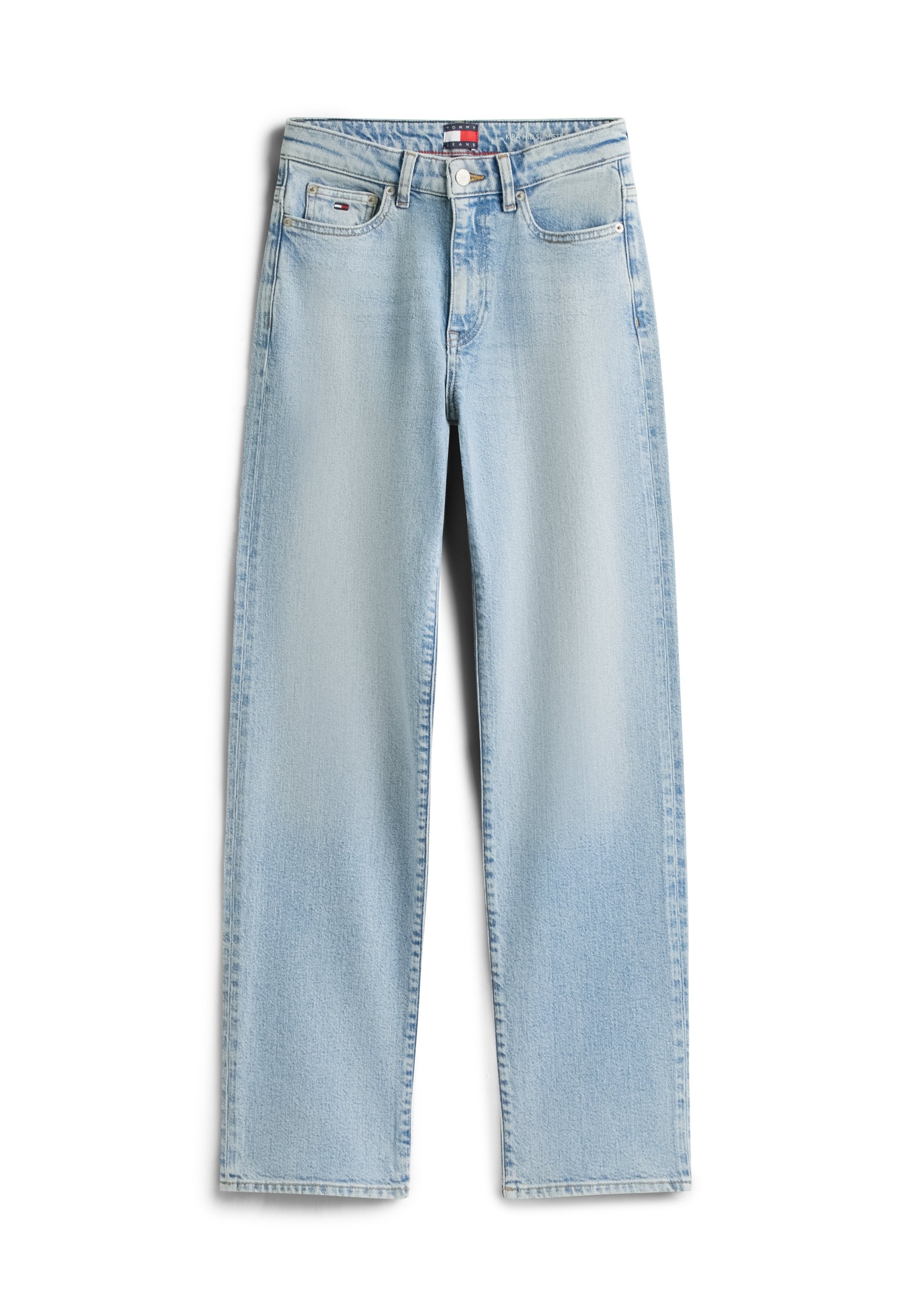 Hellblaue Jeans mit geradem Bein, klassischem Fünf-Taschen-Design und Knopfverschluss, mit kleinem Markenlogo auf der vorderen Tasche.