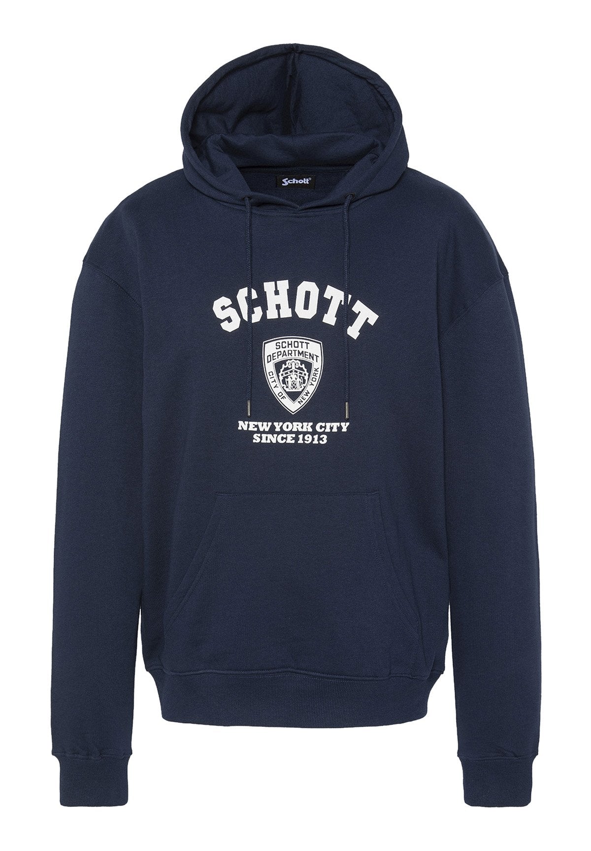 Dunkelblaue Kapuzenjacke mit einer Fronttasche, Kordelzugkapuze und weißem Aufdruck "SCHOTT DEPARTMENT NEW YORK CITY SINCE 1913" auf der Brust.