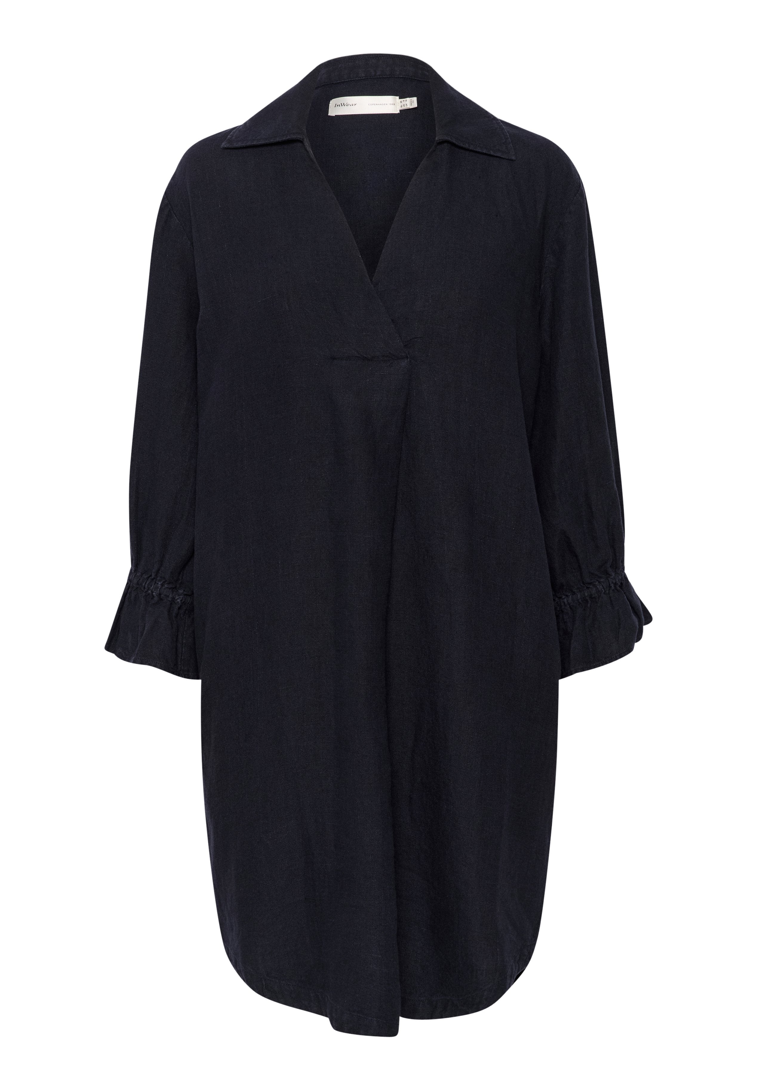 Dunkelblaues Leinenhemdkleid mit Kragen, langen Ärmeln und gerafften Manschetten. Verfügt über ein Wickeldesign und eine lockere Passform.