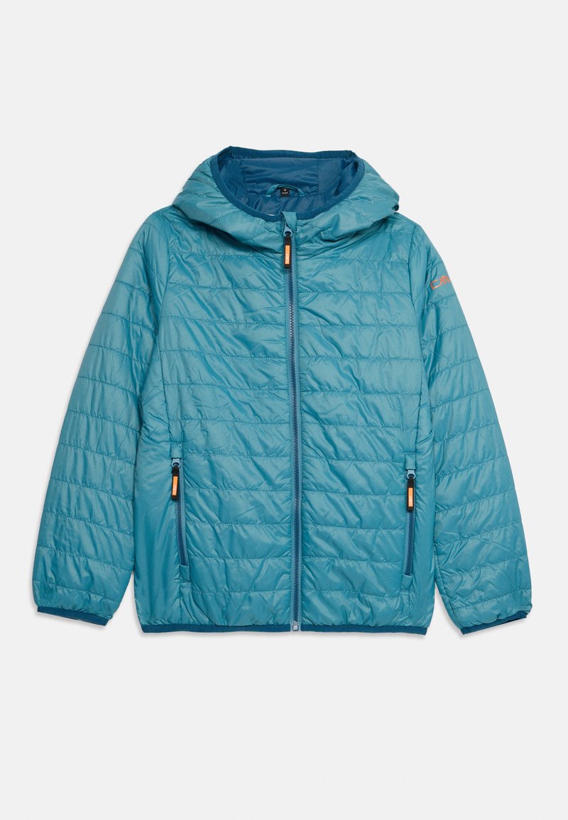 Helle blaue Steppjacke mit Kapuze, strukturiertem Gewebe, durchgehendem Reißverschluss und kontrastierenden dunkelblauen Akzenten.