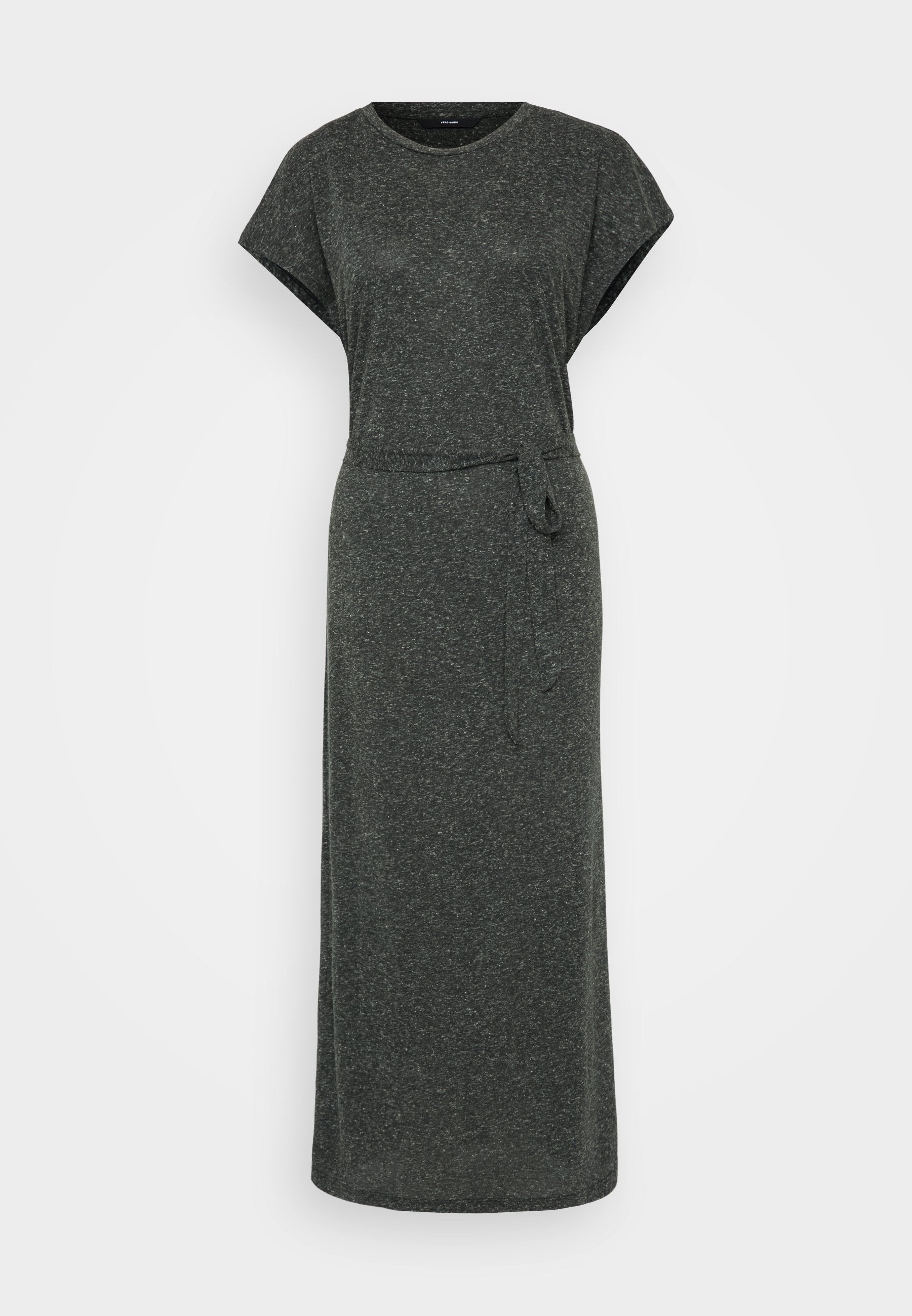 Maxikleid in Dunkelgrau, aus weichem, strukturiertem Material gefertigt. Verfügt über kurze Ärmel, einen runden Ausschnitt und einen Bindegürtel in der Taille.