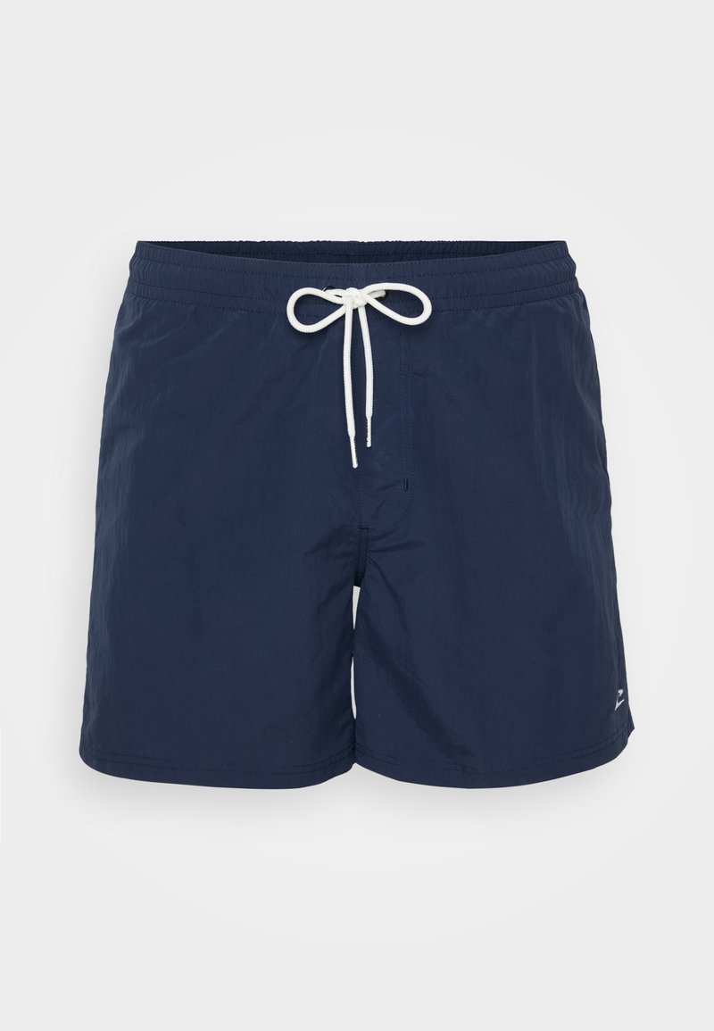 Marineblaue Badeshorts mit elastischem Bund und weißem Kordelzug. Glatte Textur, Oberschenkellänge, mit kleinem Logo an der Seite.