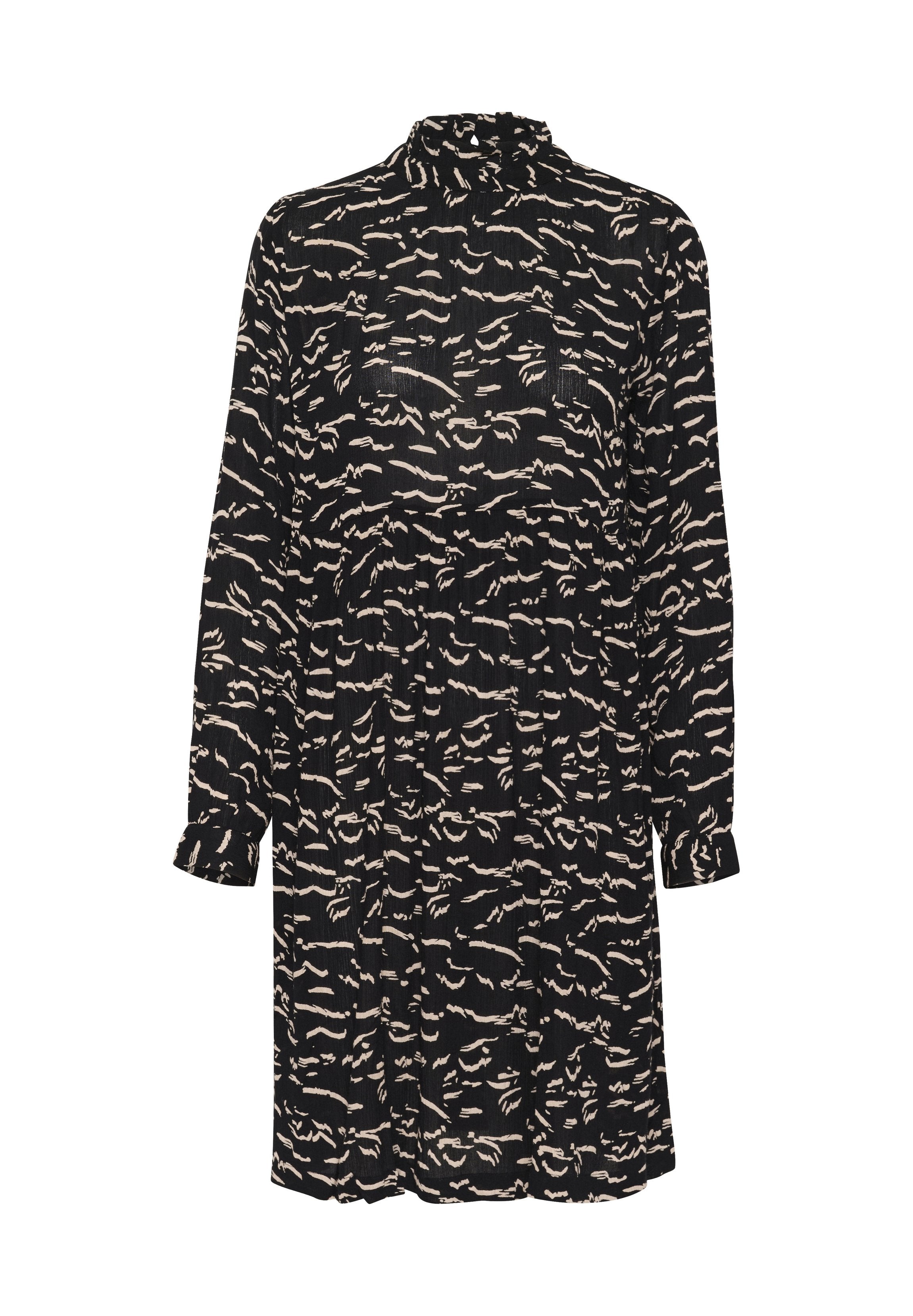 Schwarzes Kleid mit einem Wellenmuster in Creme. Verfügt über lange Ärmel, einen hohen Kragen und ein fließendes Design. Hergestellt aus leichtem Stoff.