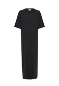 Schwarzes kurzes Kleid mit kurzen Ärmeln, gerader Silhouette, knielang, aus glattem Stoff mit rundem Ausschnitt und ohne sichtbare Verschlüsse.