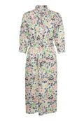 Blumiges Midi-Kleid mit hohem Kragen, langen Ärmeln, taillierter Taille und bunten Mustern in Pink, Grün, Blau und Schwarz auf einem hellen Hintergrund.