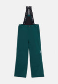 Türkise Schneehose mit verstellbaren schwarzen Trägern, Vordertaschen mit Reißverschluss und einem CMP-Logo an der Seite. Wasserabweisendes Material, lässiger Schnitt.