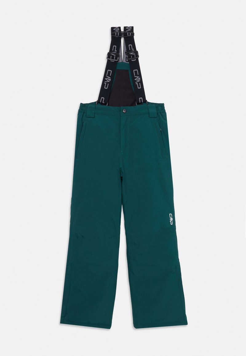 Türkise Schneehose mit verstellbaren schwarzen Trägern, Vordertaschen mit Reißverschluss und einem CMP-Logo an der Seite. Wasserabweisendes Material, lässiger Schnitt.