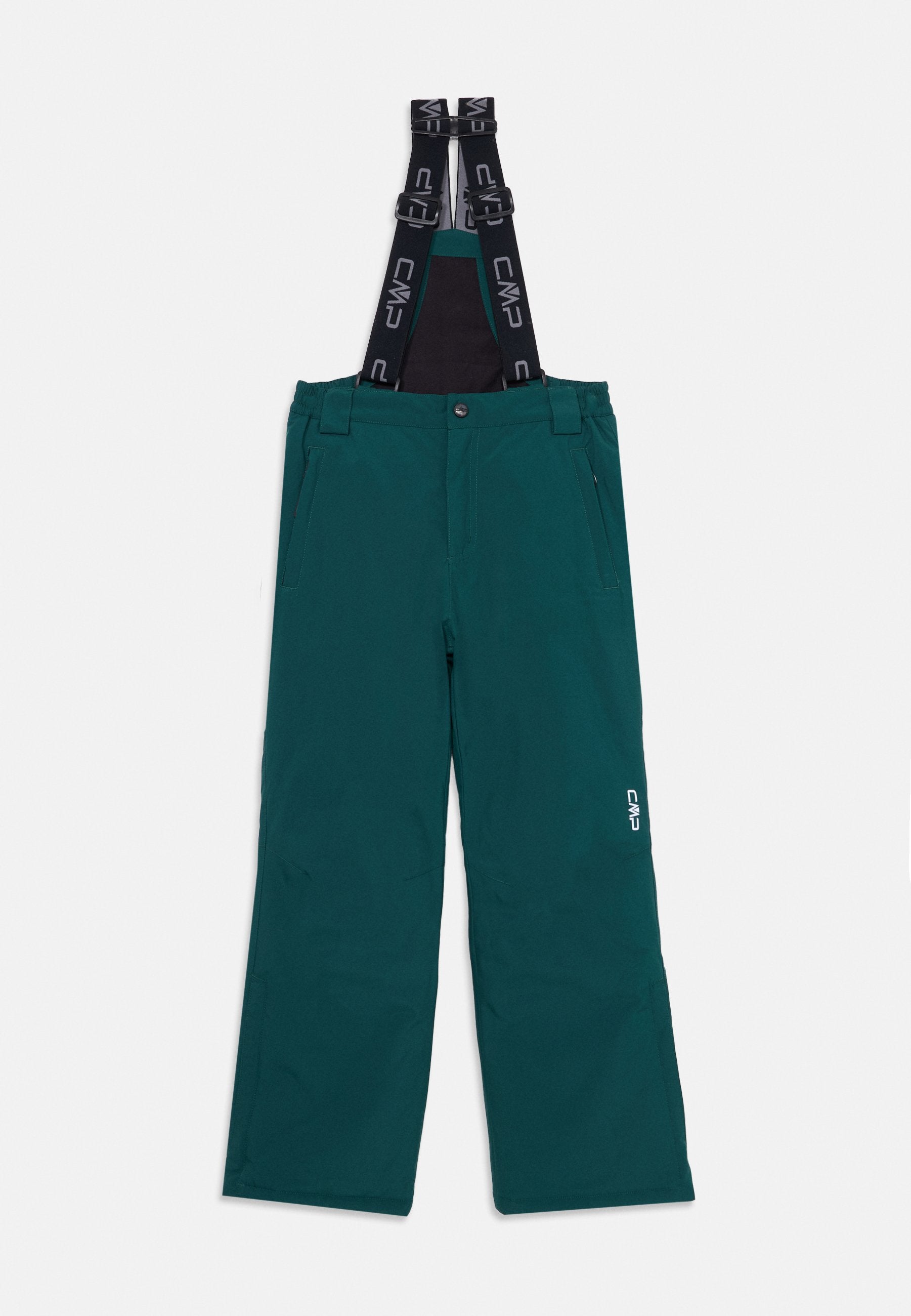 Türkise Schneehose mit verstellbaren schwarzen Trägern, Vordertaschen mit Reißverschluss und einem CMP-Logo an der Seite. Wasserabweisendes Material, lässiger Schnitt.