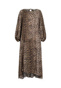 Kleid mit Leopardenmuster in fließender Silhouette, rundem Ausschnitt und Schlüsselhole-Rückenverschluss. Hergestellt aus leichtem Stoff mit langen, puffärmeln.