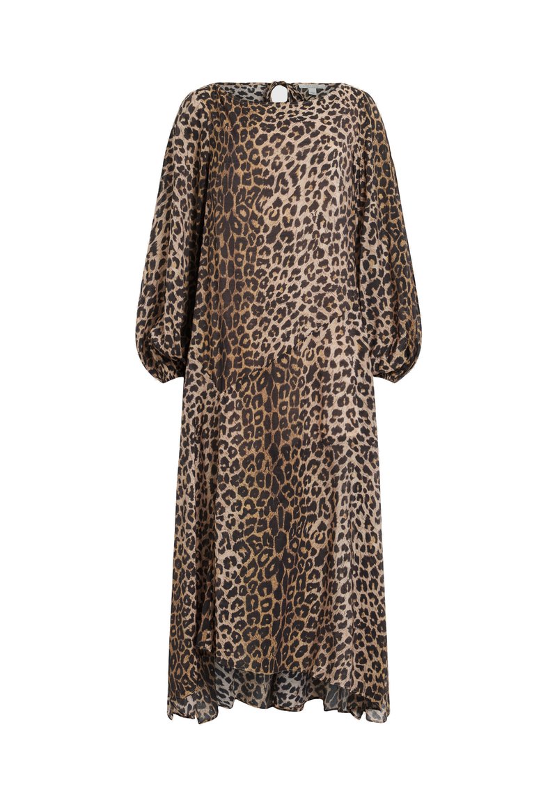 Kleid mit Leopardenmuster in fließender Silhouette, rundem Ausschnitt und Schlüsselhole-Rückenverschluss. Hergestellt aus leichtem Stoff mit langen, puffärmeln.