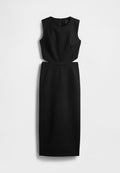 Schwarzes ärmelloses Kleid mit tailliertem Oberteil, A-Linien-Design und knielangem Rock. Glatte Textur mit verdecktem Reißverschluss am Rücken.