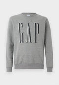 Grauer Sweatshirt mit Rundhalsausschnitt, gerippten Bündchen und Saum, mit dem Wort "GAP" in großer schwarzer Schrift auf der Vorderseite. Weicher Stoff.