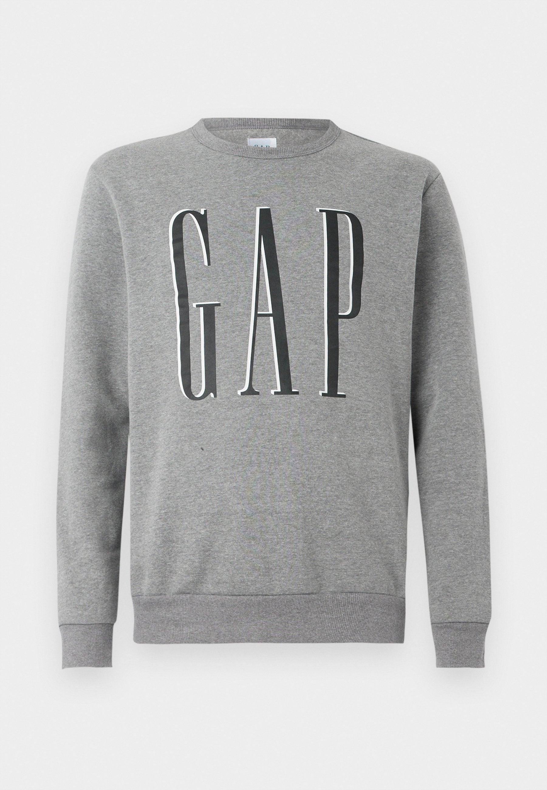 Grauer Sweatshirt mit Rundhalsausschnitt, gerippten Bündchen und Saum, mit dem Wort "GAP" in großer schwarzer Schrift auf der Vorderseite. Weicher Stoff.