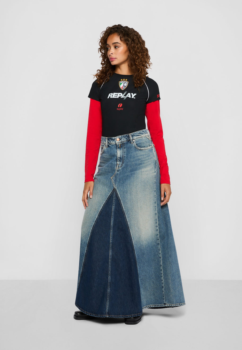 Replay PATCHWORK WASHED DENIM SKIRT
