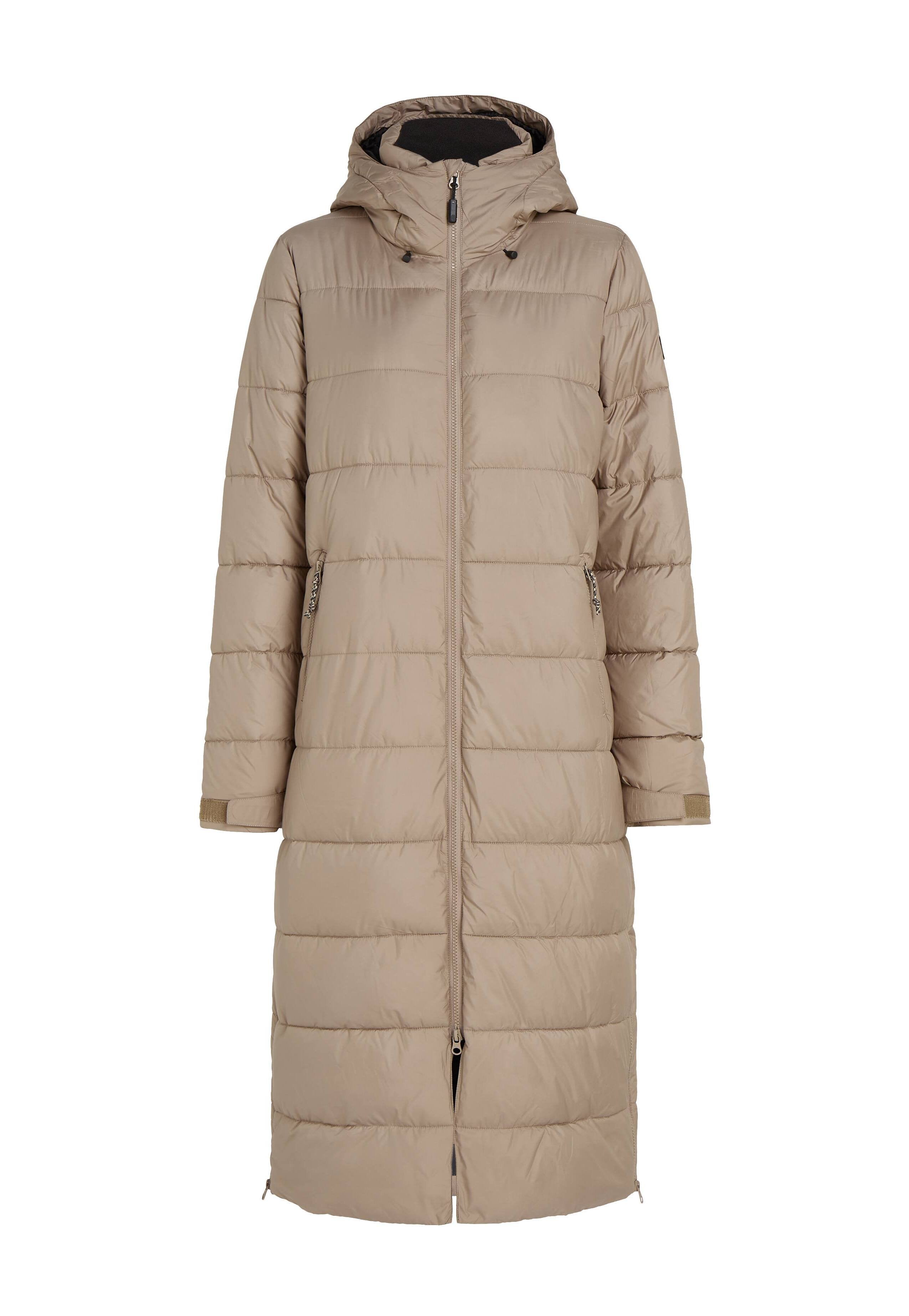 Beige Daunenjacke mit Kapuze, ausgestattet mit einem gesteppten Design, Reißverschluss vorne und seitlichen Taschen. Glatte Textur und mittellange Silhouette.