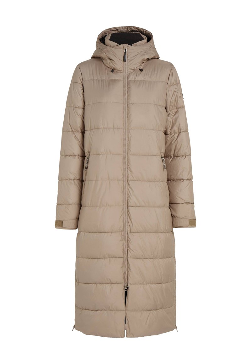 Beige Daunenjacke mit Kapuze, ausgestattet mit einem gesteppten Design, Reißverschluss vorne und seitlichen Taschen. Glatte Textur und mittellange Silhouette.