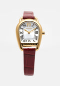 Goldene Aigner Uhr mit weißem Zifferblatt, schwarzen römischen Ziffern, goldenen Zeigern und einem strukturierten dunkelroten Lederarmband.