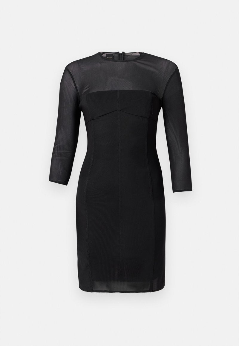 Schwarzes, tailliertes Kleid mit Rundhalsausschnitt, dreiviertel Ärmeln und strukturiertem Oberteil. Hergestellt aus glattem Stoff mit einem durchsichtigen Ausschnitt.