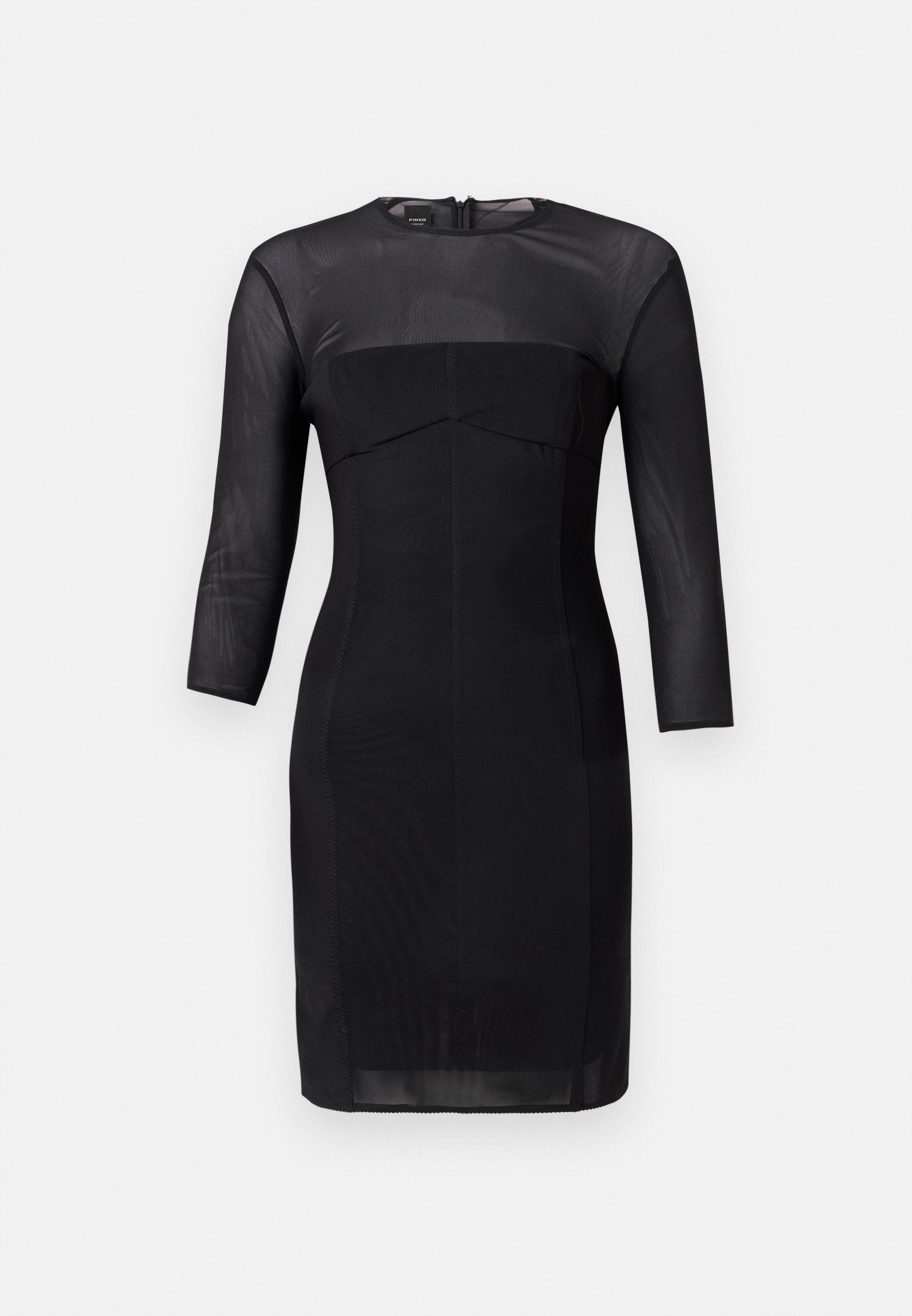 Schwarzes, tailliertes Kleid mit Rundhalsausschnitt, dreiviertel Ärmeln und strukturiertem Oberteil. Hergestellt aus glattem Stoff mit einem durchsichtigen Ausschnitt.
