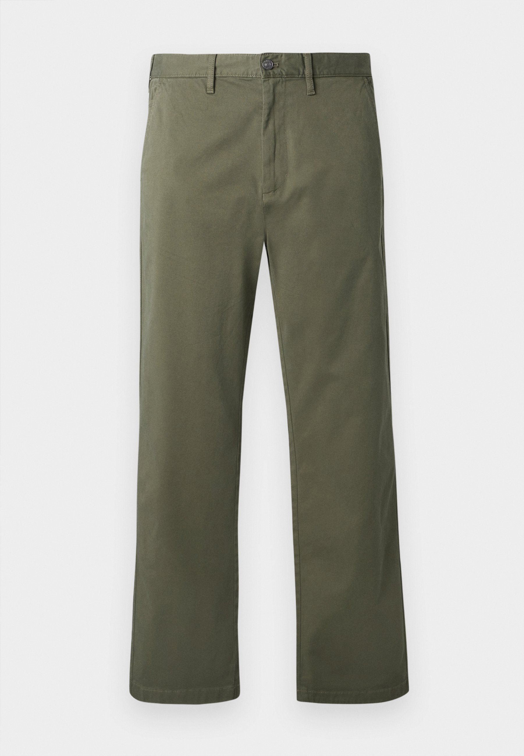 Olivgrüne Baumwollhose. Gerades Bein Design mit Knopfverschluss und einer vorderen Tasche. Glatte Textur.