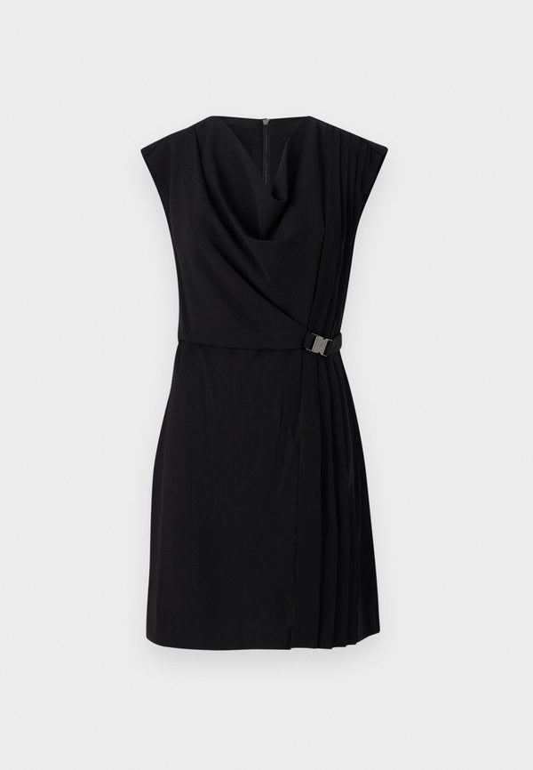 DKNY COWL NECK DRESS WITH PLEATS AND FAUX WRAP