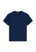 Marineblaue kurzärmelige T-Shirt aus strukturiertem Strick mit Rundhalsausschnitt und kleinem rot-weiß-blauem Logotag am Hals- und Saumbereich.