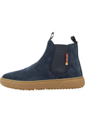 Marineblaue Wildleder Chelsea-Stiefel mit elastischen Seiteneinsätzen, Gummisohle und Ziehlasche. Verfügt über eine strukturierte Oberfläche und eine kontrastierende Gummisohle.
