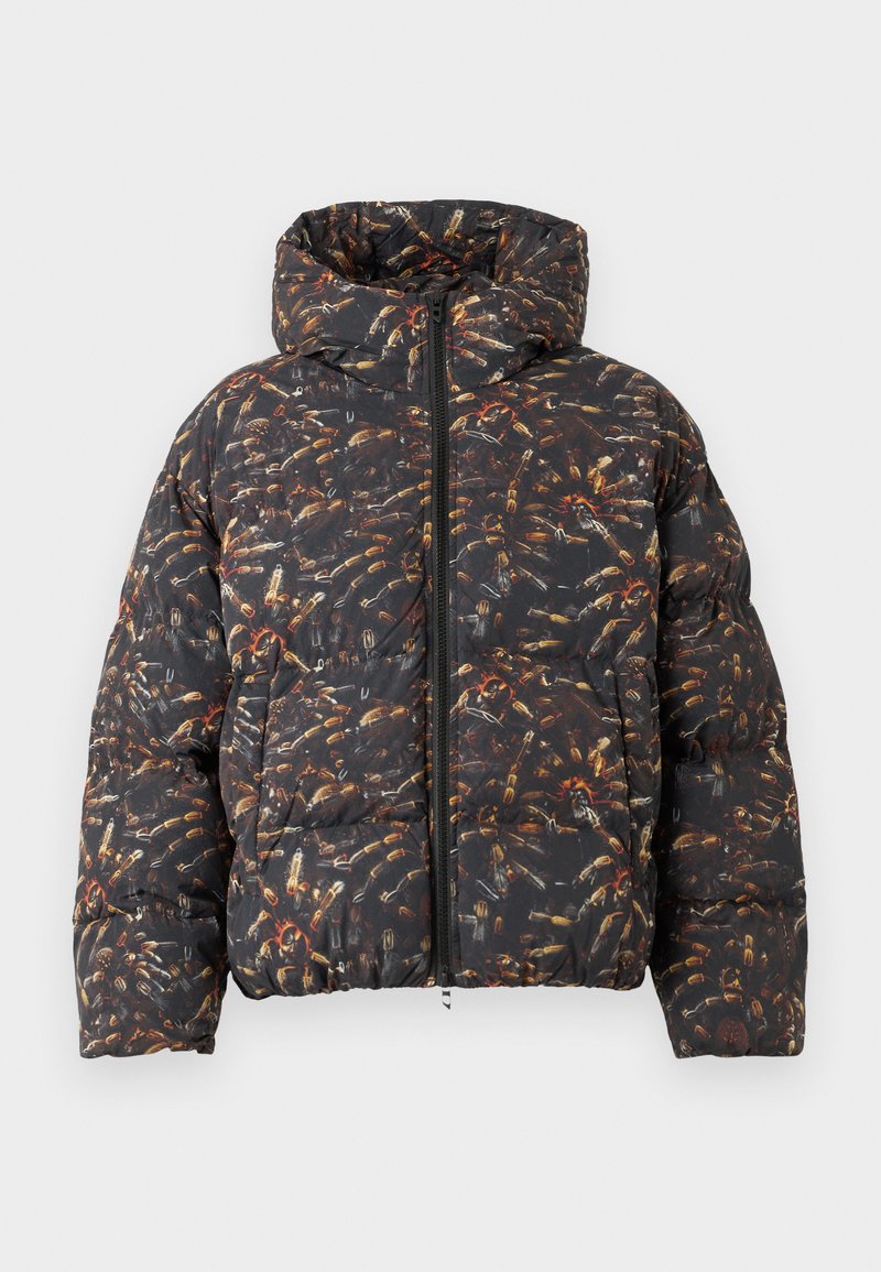 Daunenjacke mit Kapuze, schwarzer Stoff mit einem komplizierten Muster aus bunten Insekten, Reißverschluss und strukturiertem Steppdesign.